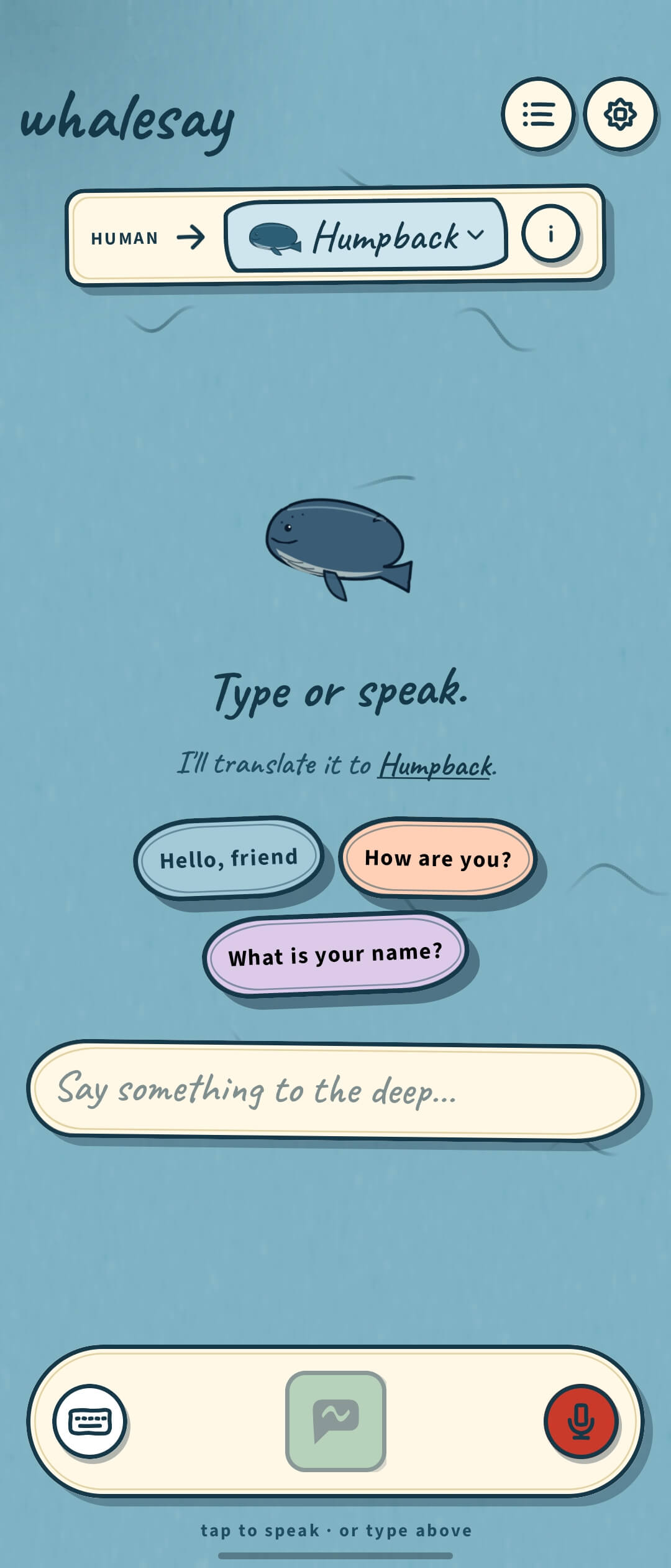 WhaleSay compose screen, ready to translate to Humpback