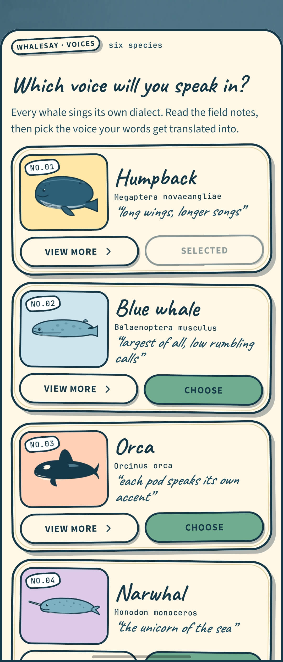 WhaleSay voice picker, six whale species to translate into